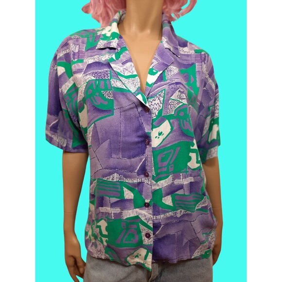 Vintage 80s Abstract Print Rayon Shirt Short Sleeve Button Up Belted Blouse Sz M - Picture 4 of 5